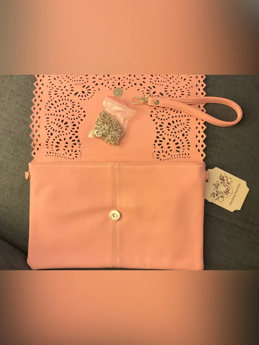Handbag Republic Pink Laser-Cut Foldover Clutch with chain strap wristlet strap